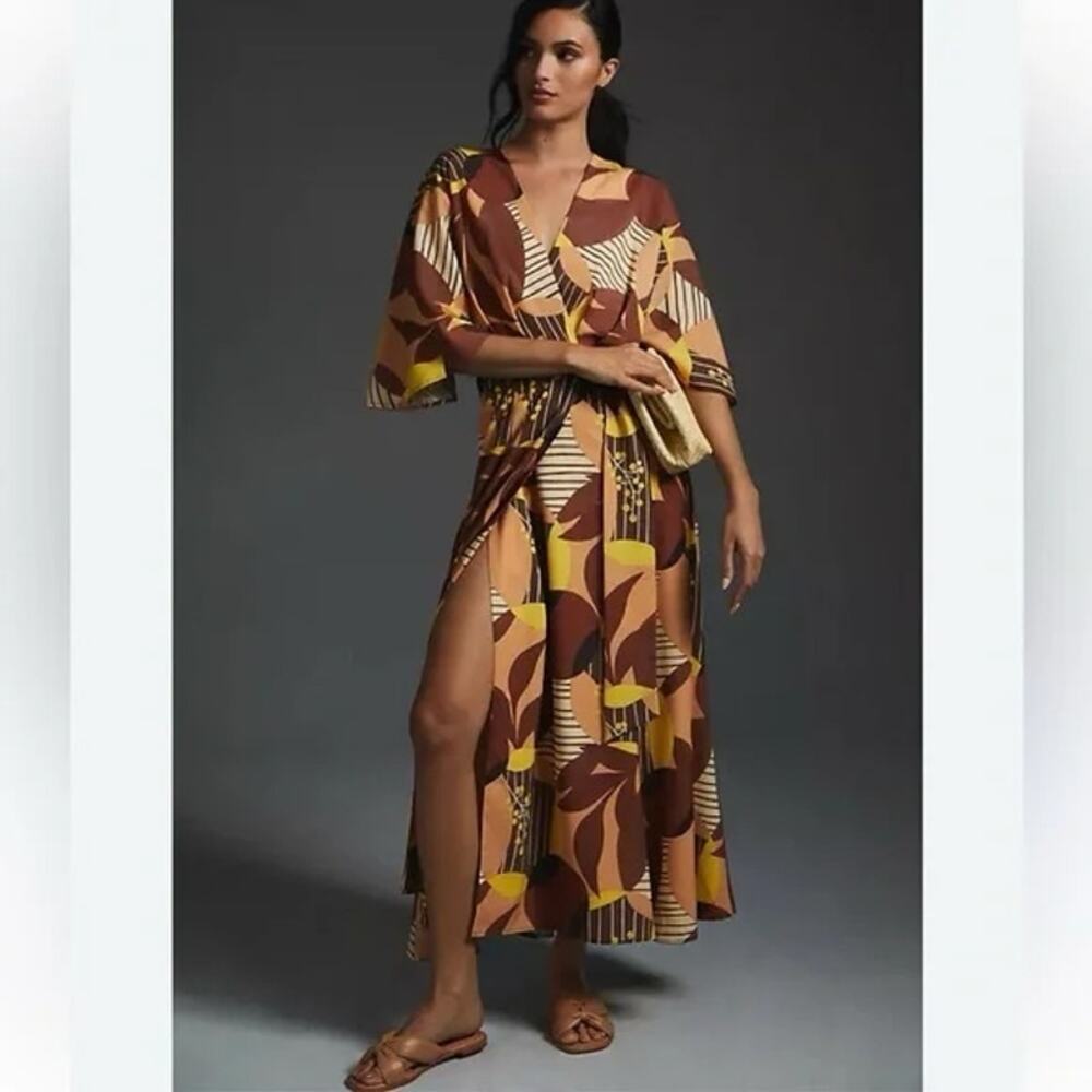 Hutch Anthropologie Deep V Printed Wrap Dress Geo Multi SZ XLP